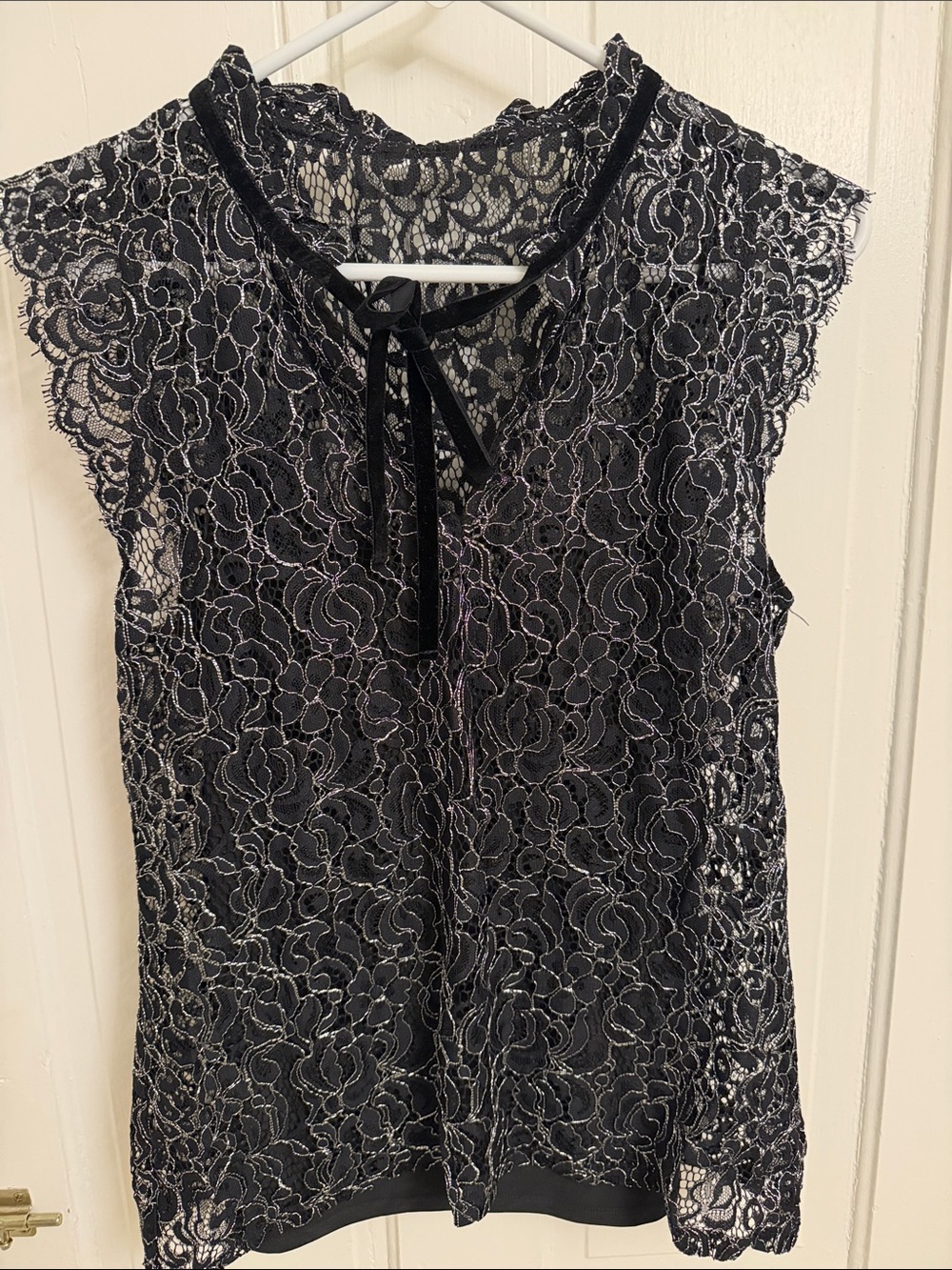 Black Lace Overlay Top with Velvet Neck Tie